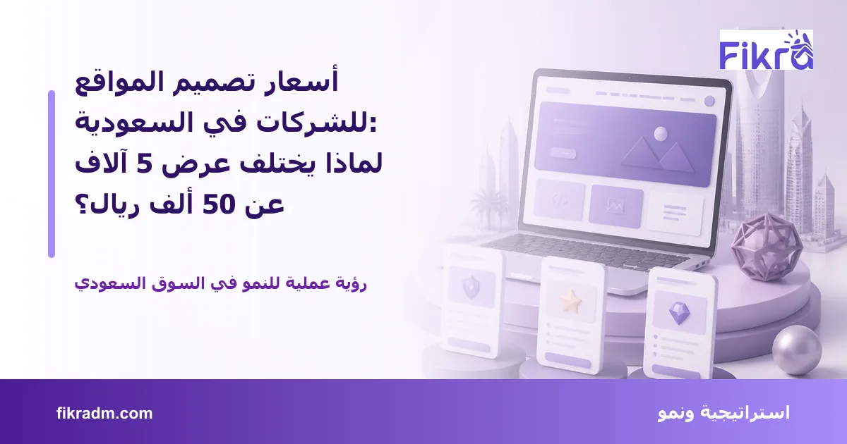 غلاف بصري من فكرة يعبر عن أسعار تصميم المواقع للشركات في السعودية: لماذا يختلف عرض 5 آلاف عن 50 ألف ريال؟ ويعرض عنوان الموضوع بوضوح