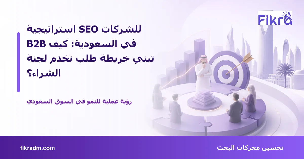 غلاف بصري من فكرة يعبر عن استراتيجية SEO للشركات B2B في السعودية: كيف تبني خريطة طلب تخدم لجنة الشراء؟ ويعرض عنوان الموضوع بوضوح