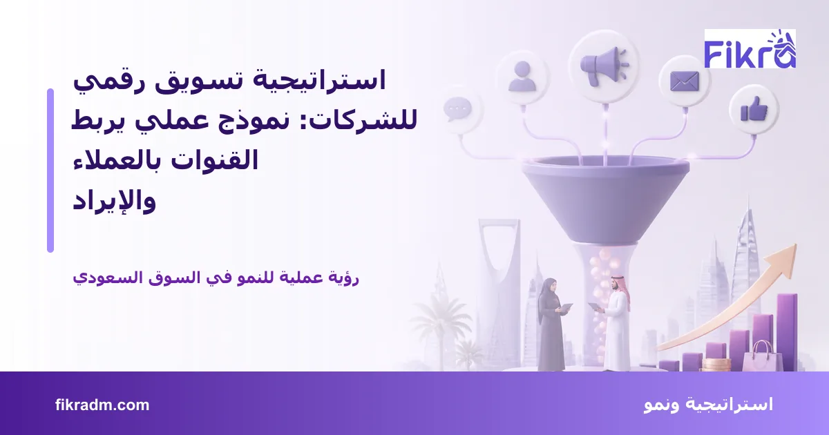 تصميم توضيحي من فكرة يشرح موضوع استراتيجية تسويق رقمي للشركات: نموذج عملي يربط القنوات بالعملاء والإيراد بأسلوب بصري مناسب للمقال