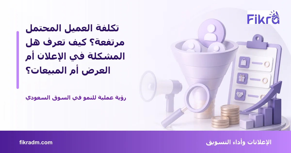 تصميم توضيحي من فكرة يشرح موضوع تكلفة العميل المحتمل مرتفعة؟ كيف تعرف هل المشكلة في الإعلان أم العرض أم المبيعات؟ بأسلوب بصري مناسب للمقال