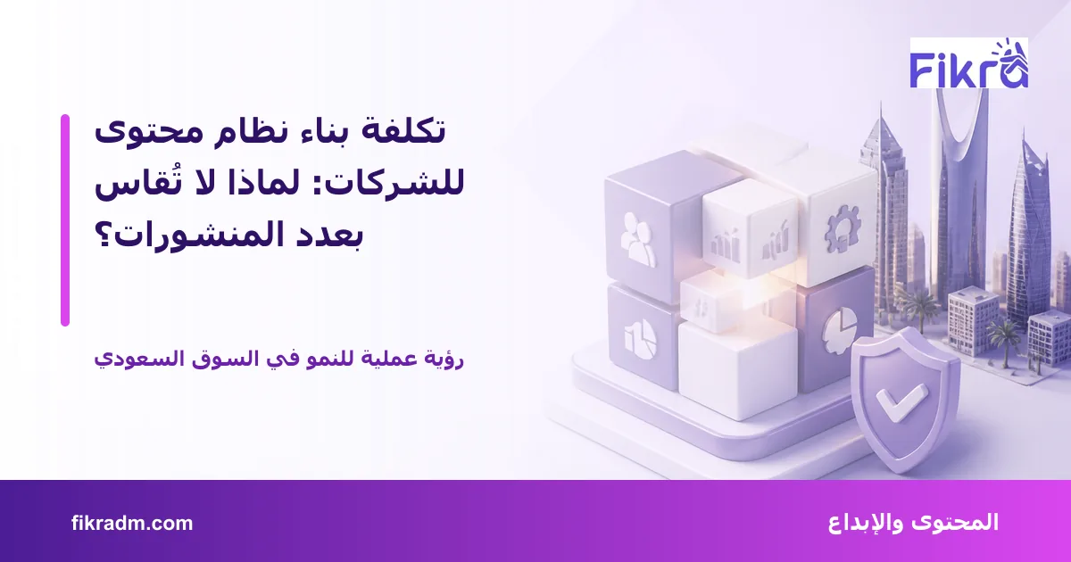 تصميم توضيحي من فكرة يشرح موضوع تكلفة بناء نظام محتوى للشركات: لماذا لا تُقاس بعدد المنشورات؟ بأسلوب بصري مناسب للمقال