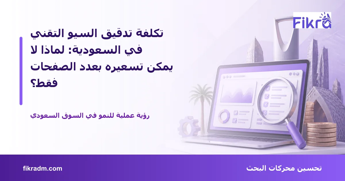 غلاف بصري من فكرة يعبر عن تكلفة تدقيق السيو التقني في السعودية: لماذا لا يمكن تسعيره بعدد الصفحات فقط؟ ويعرض عنوان الموضوع بوضوح
