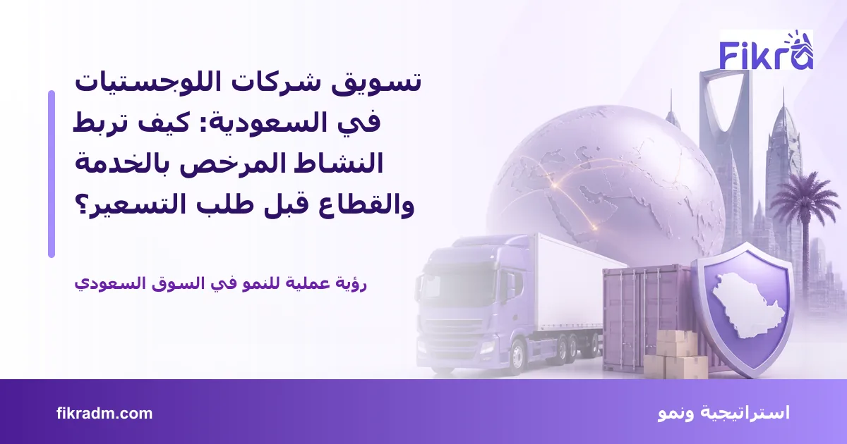 غلاف بصري من فكرة يعبر عن تسويق شركات اللوجستيات في السعودية: كيف تربط النشاط المرخص بالخدمة والقطاع قبل طلب التسعير؟ ويعرض عنوان الموضوع بوضوح