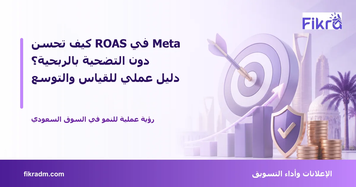 تصميم توضيحي من فكرة يشرح موضوع كيف تحسن ROAS في Meta دون التضحية بالربحية؟ دليل عملي للقياس والتوسع بأسلوب بصري مناسب للمقال